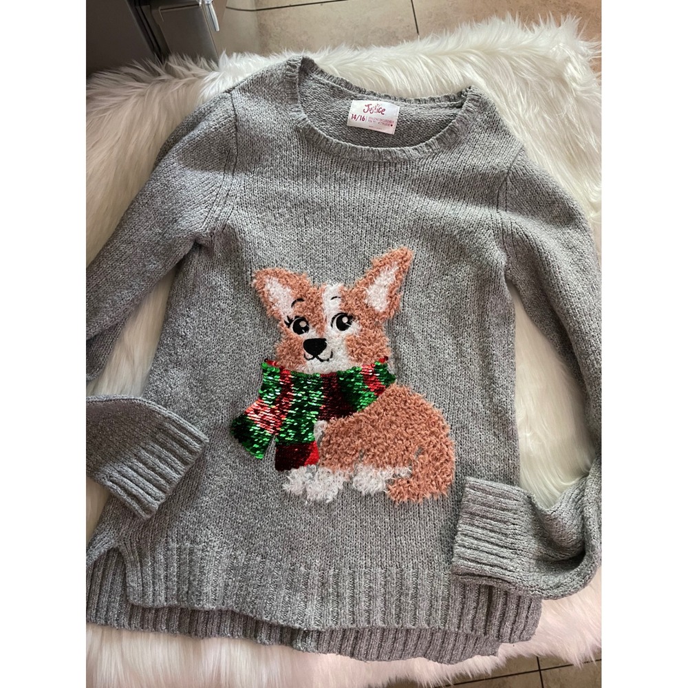 Justice Grey kids Girls Corgi Puppy Dog With Scarf  Sweater Size 14/16 Used